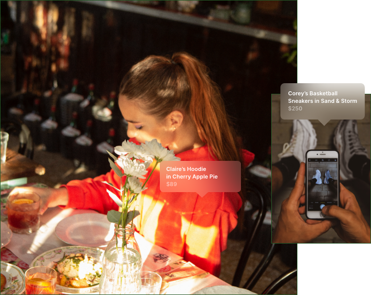 Two overlapping images: in the first, a girl sits at a table in an Instagram photo and an Instagram shop pop-up appears over her jacket, allowing followers to purchase it. In the second, a man snaps a photo of his sneakers for Instagram, and an Instagram shop pop-up appears pricing them at $250.